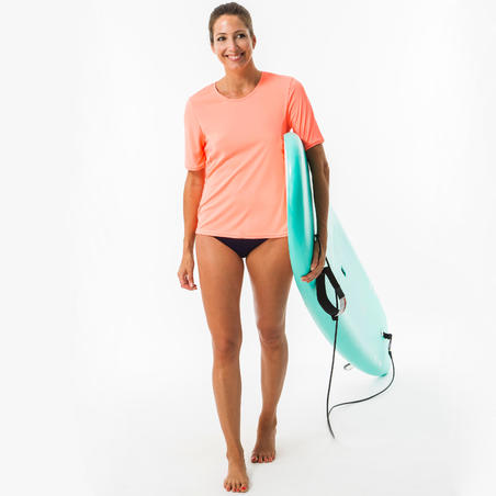 Koralna ženska majica za surfovanje kratkih rukava s UV zaštitom