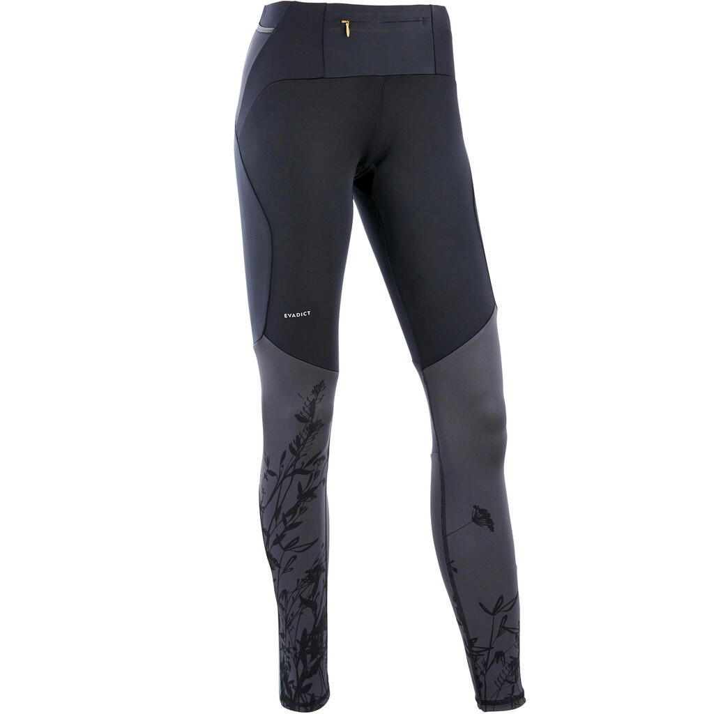 Collant trail running femme noir gris fleurs