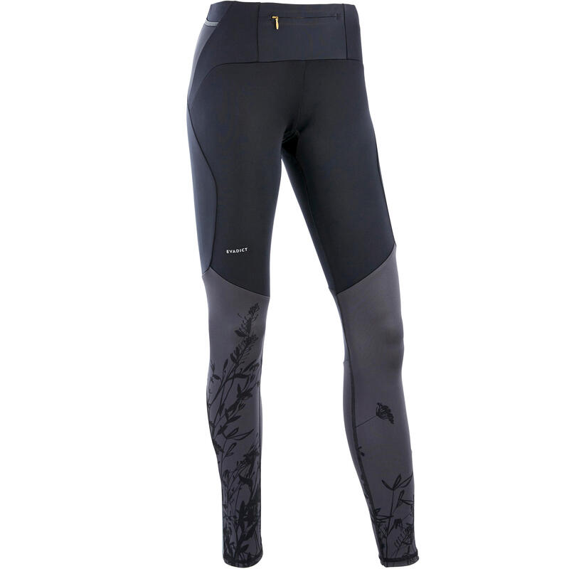 Collant trail running femme noir gris fleurs