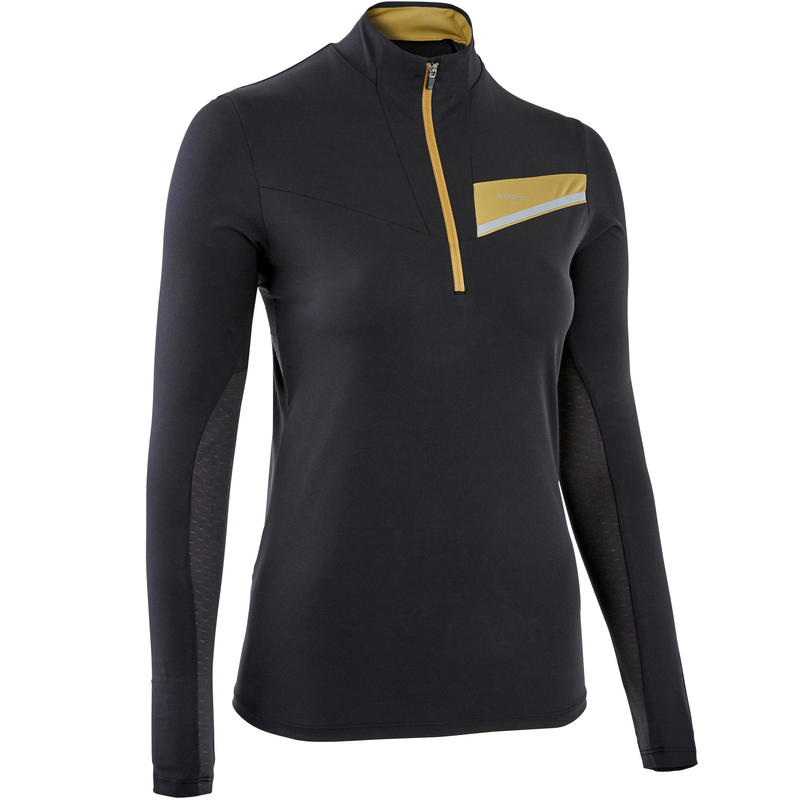 MAILLOT DE TRAIL RUNNING MANCHES LONGUES ZIP FEMME NOIR BRONZE