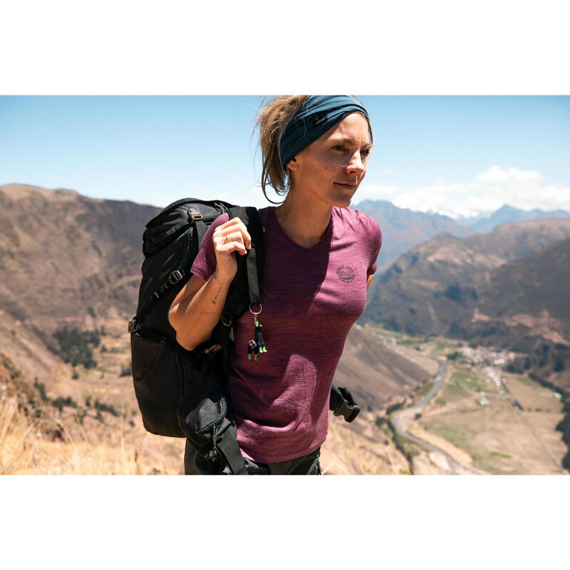 T-shirt de trek voyage - manches courtes - laine mérinos TRAVEL 100 violet Femme