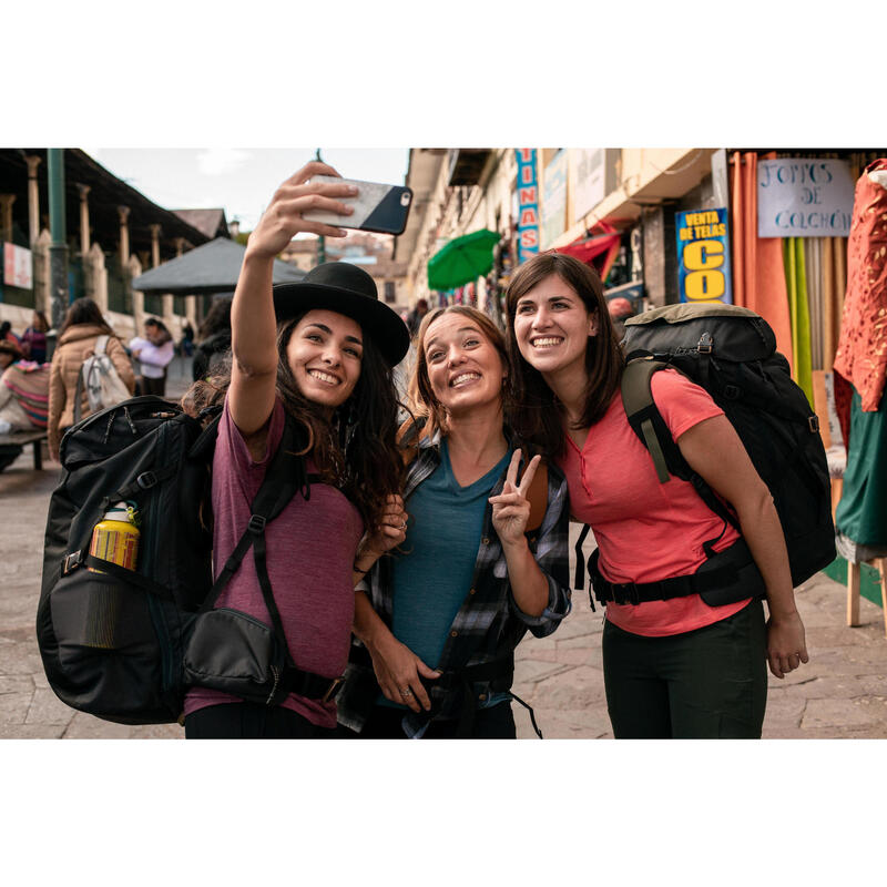 Tricou din Lână merinos Trekking călătorie Travel500 Bordo Damă