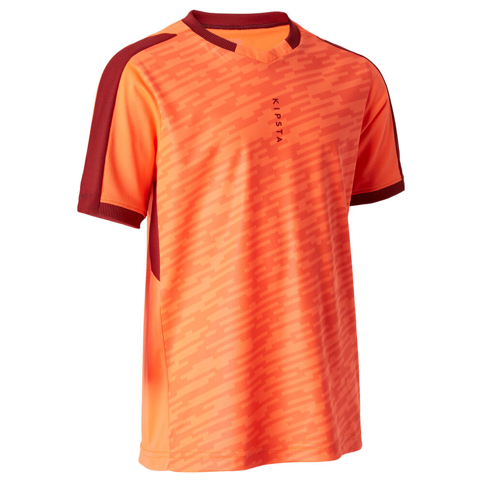 Bērnu futbola krekls f520 ar īsām piedurknēm — oranžs/vīnsarkans