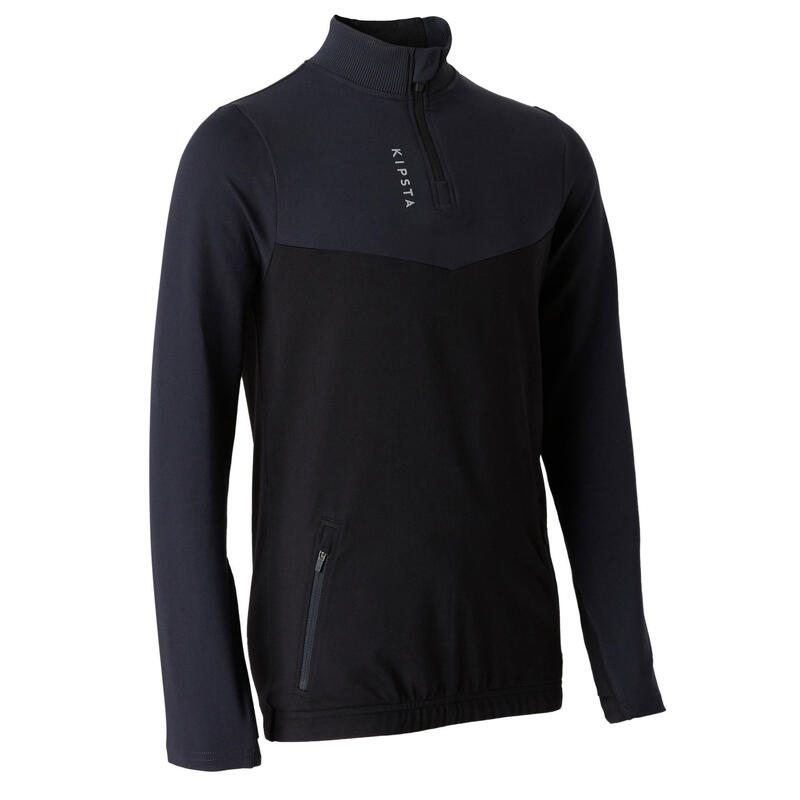 Sweat 1/2 zip d'entraînement de football enfant T500 noir et gris