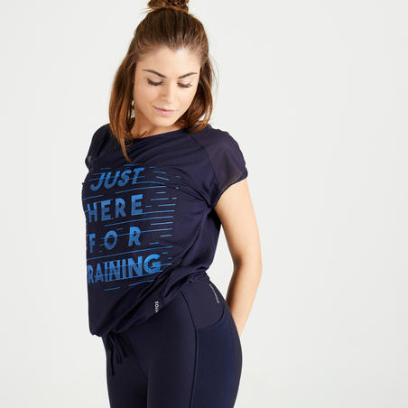 T-shirt fitness cardio training femme noir et bleu imprimé 120