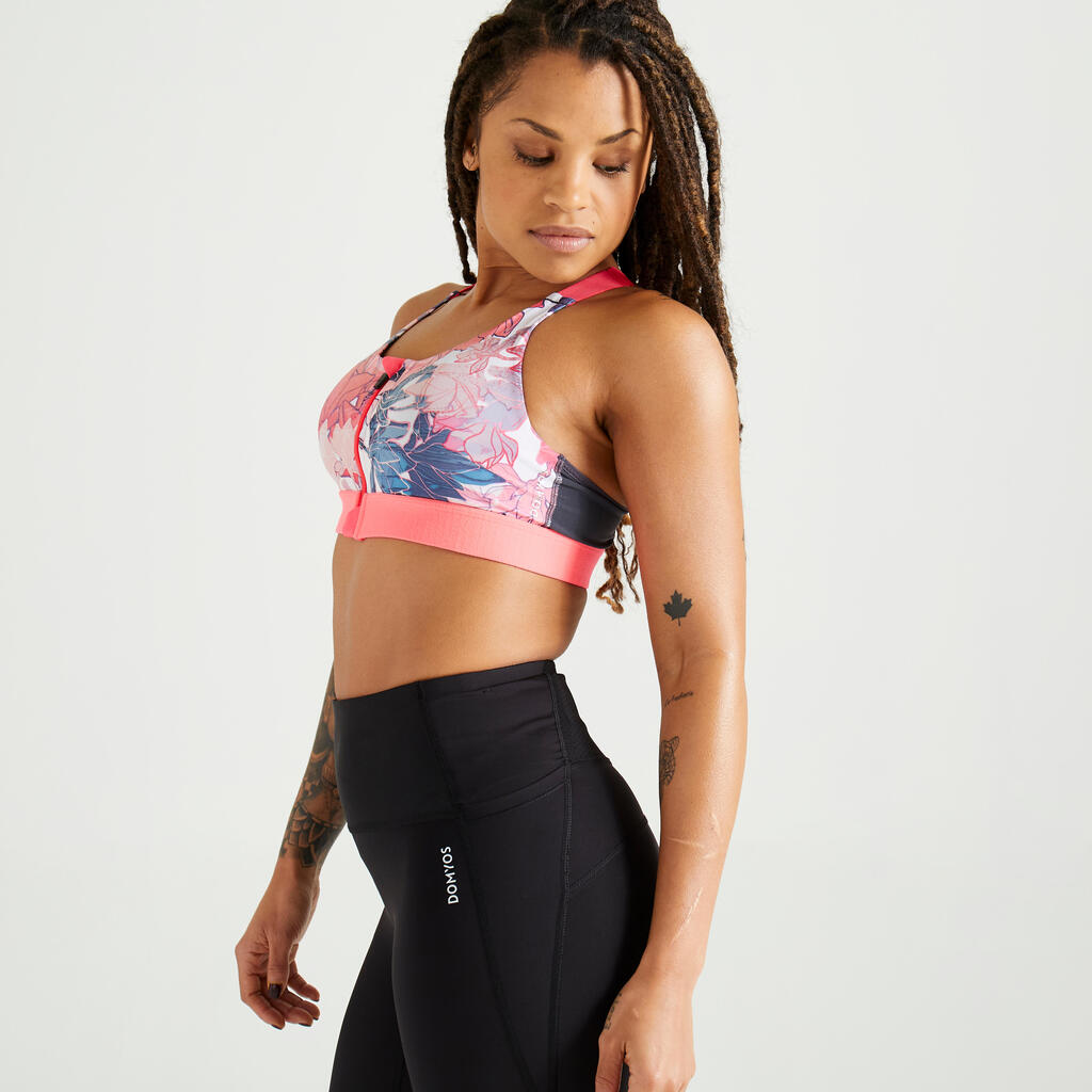 Women's Fitness Cardio Training Zip-Up Sports Bra 900 - Floral Print