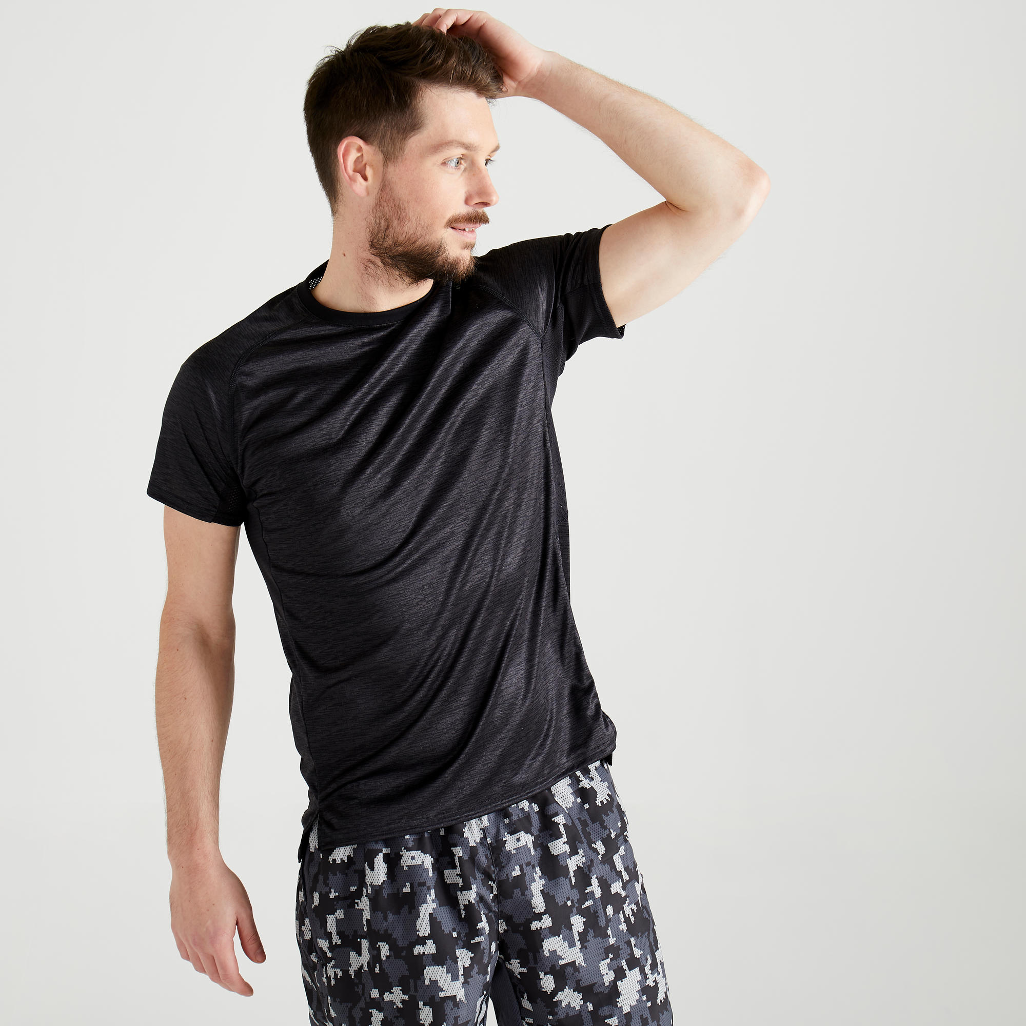 Tee shirt cardio fitness training homme FTS 120 gris noir AOP. Domyos