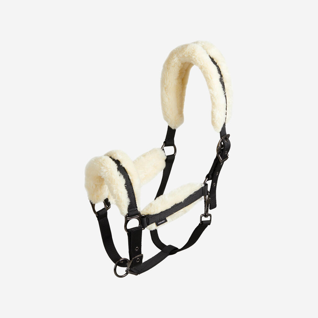 Horse Riding Synthetic Sheepskin Halter for Pony - Black/Beige