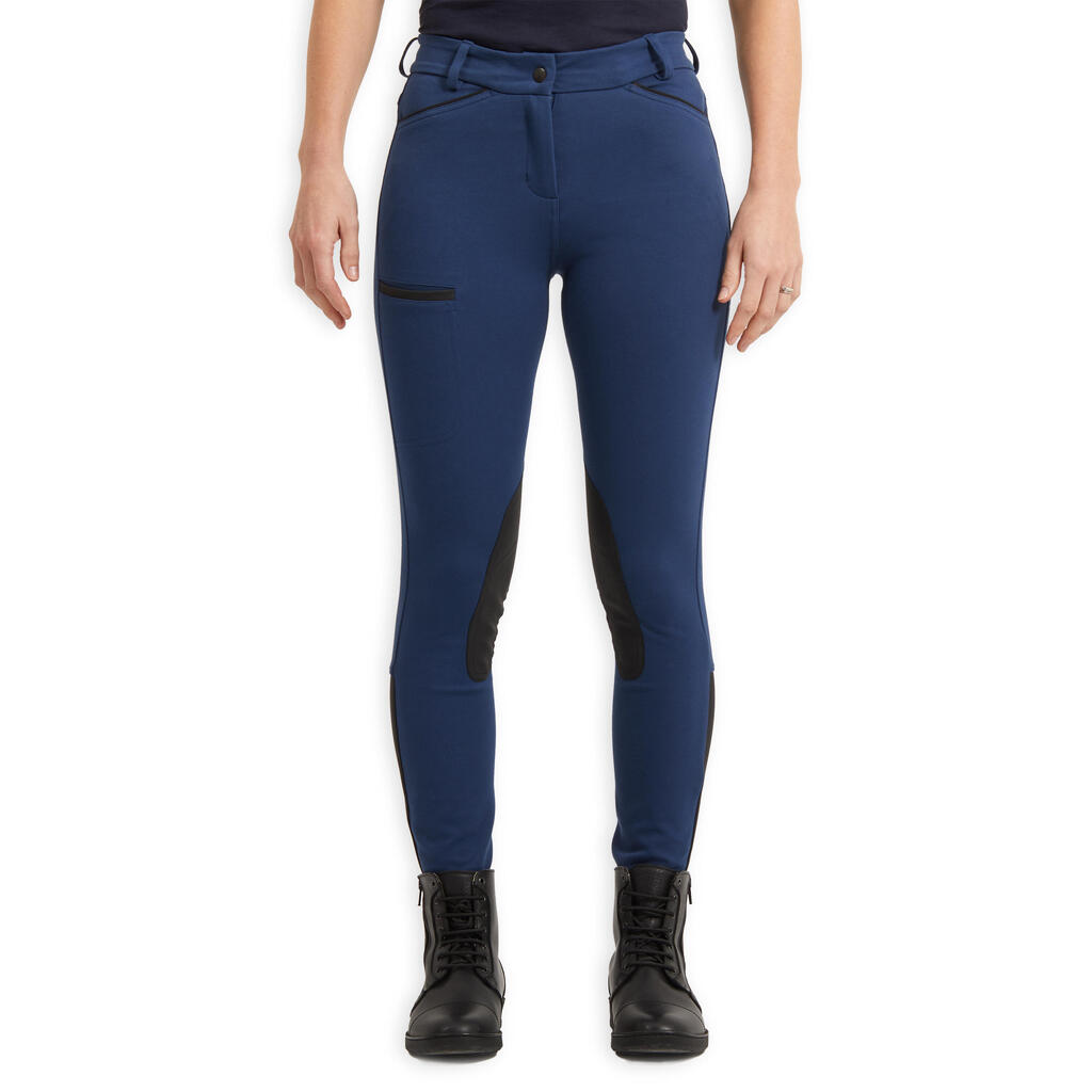 Women's Horse Riding Jodhpurs 150 with Grippy Suede Patches - Dark Blue