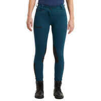 Women's Horse Riding Jodhpurs 150 with Grippy Suede Patches - Petrol Blue