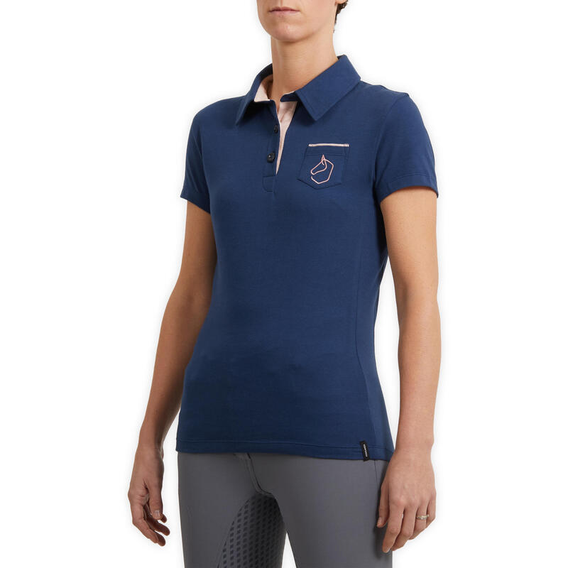 Polo manches courtes équitation femme 140 bleu turquin