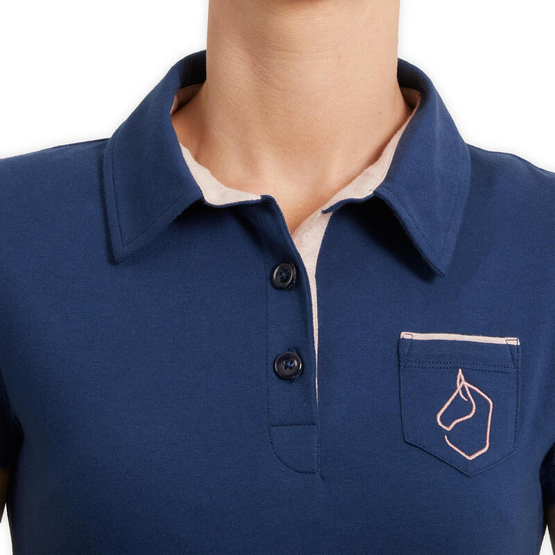 Polo manches courtes équitation femme 140 bleu turquin