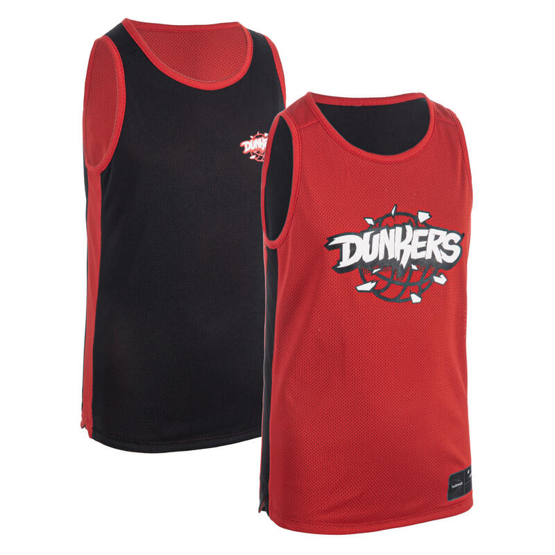 Reversible mouwloos basketbalshirt voor jongens/meisjes T500R zwart/rood Dunke