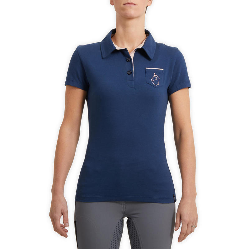 Polo manches courtes équitation femme 140 bleu turquin