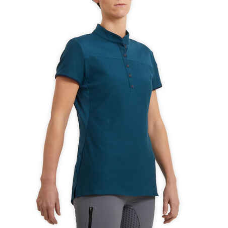 Women's Short-Sleeved Horse Riding Polo Shirt 500 - Petrol Blue