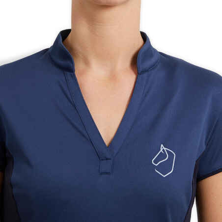 Reit-Poloshirt 500 Kurzarm Mesh Damen dunkelblau/marineblau
