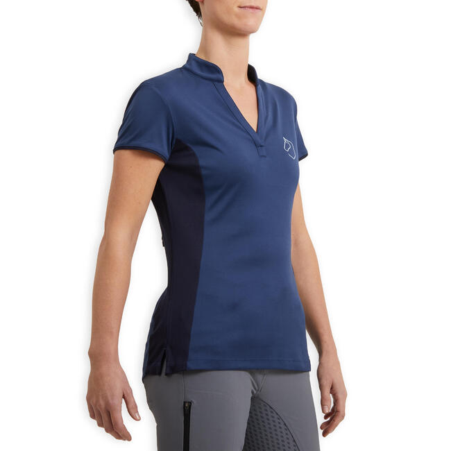 Women's ShortSleeved Mesh Horse Riding Polo Shirt 500 Dark Blue/Navy