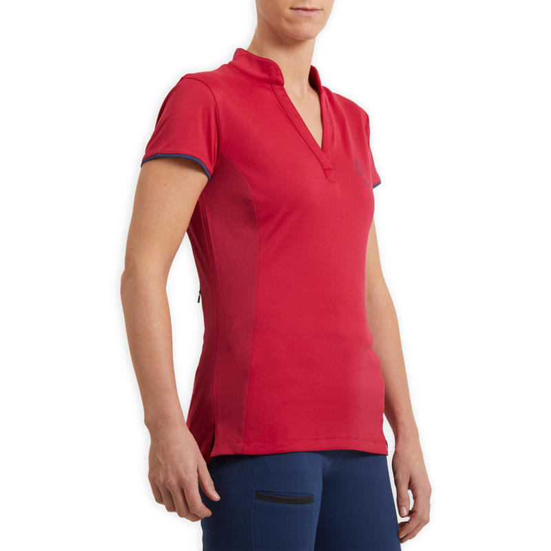 Women's ShortSleeved Mesh Horse Riding Polo Shirt 500 Raspberry