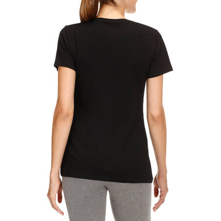 Women's Short-Sleeved Straight-Cut Crew Neck Cotton Fitness T-Shirt 500 - Black