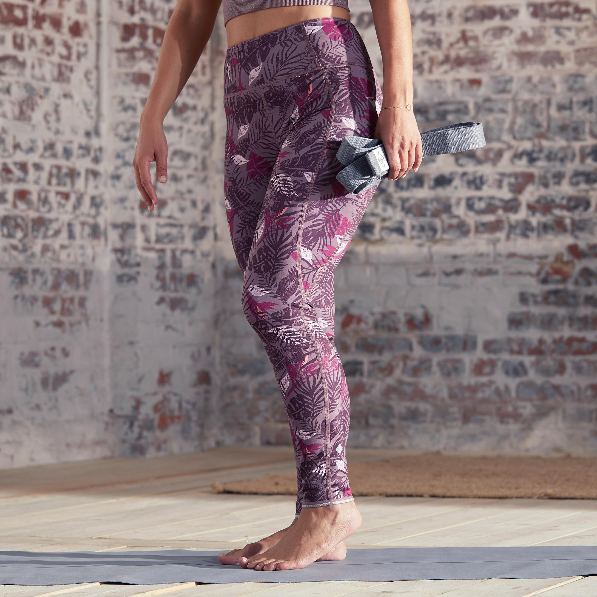 Reversible Dynamic Yoga Leggings Purple/Grey Domyos by Decathlon