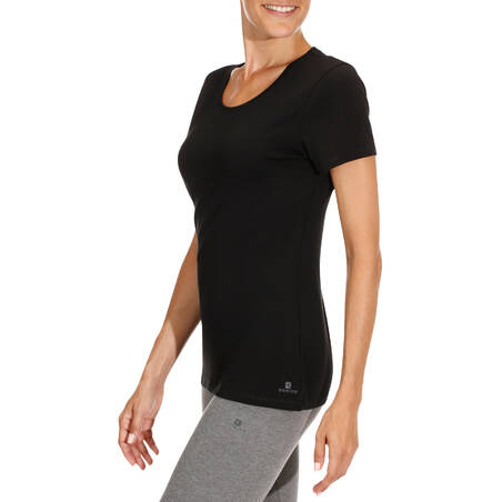 Women's Short-Sleeved Straight-Cut Crew Neck Cotton Fitness T-Shirt 500 - Black