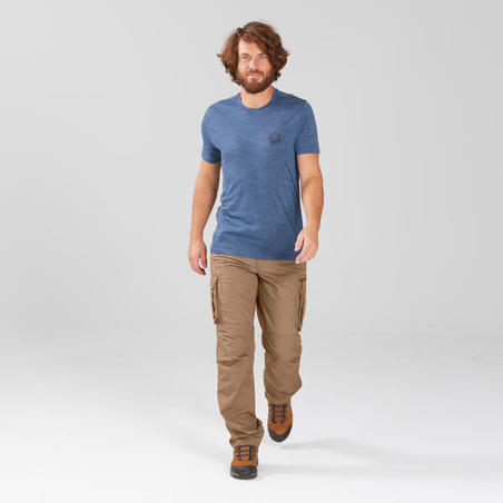 Camiseta lana de merino para hombre en viaje de trekking - TRAVEL 100 azul