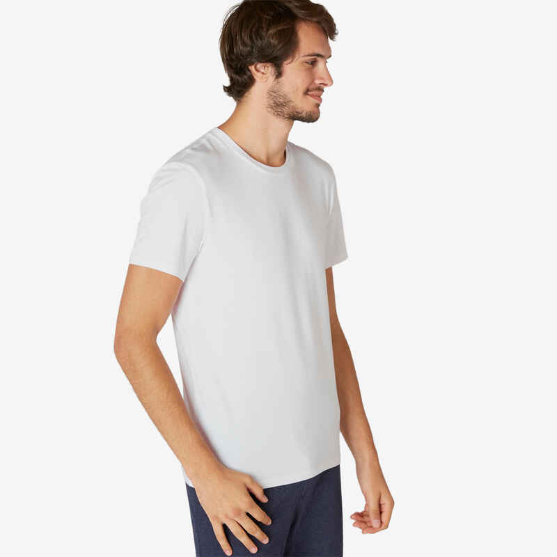 Men's Short-Sleeved Fitted-Cut Crew Neck Cotton Fitness T-Shirt 500 - Glacier White