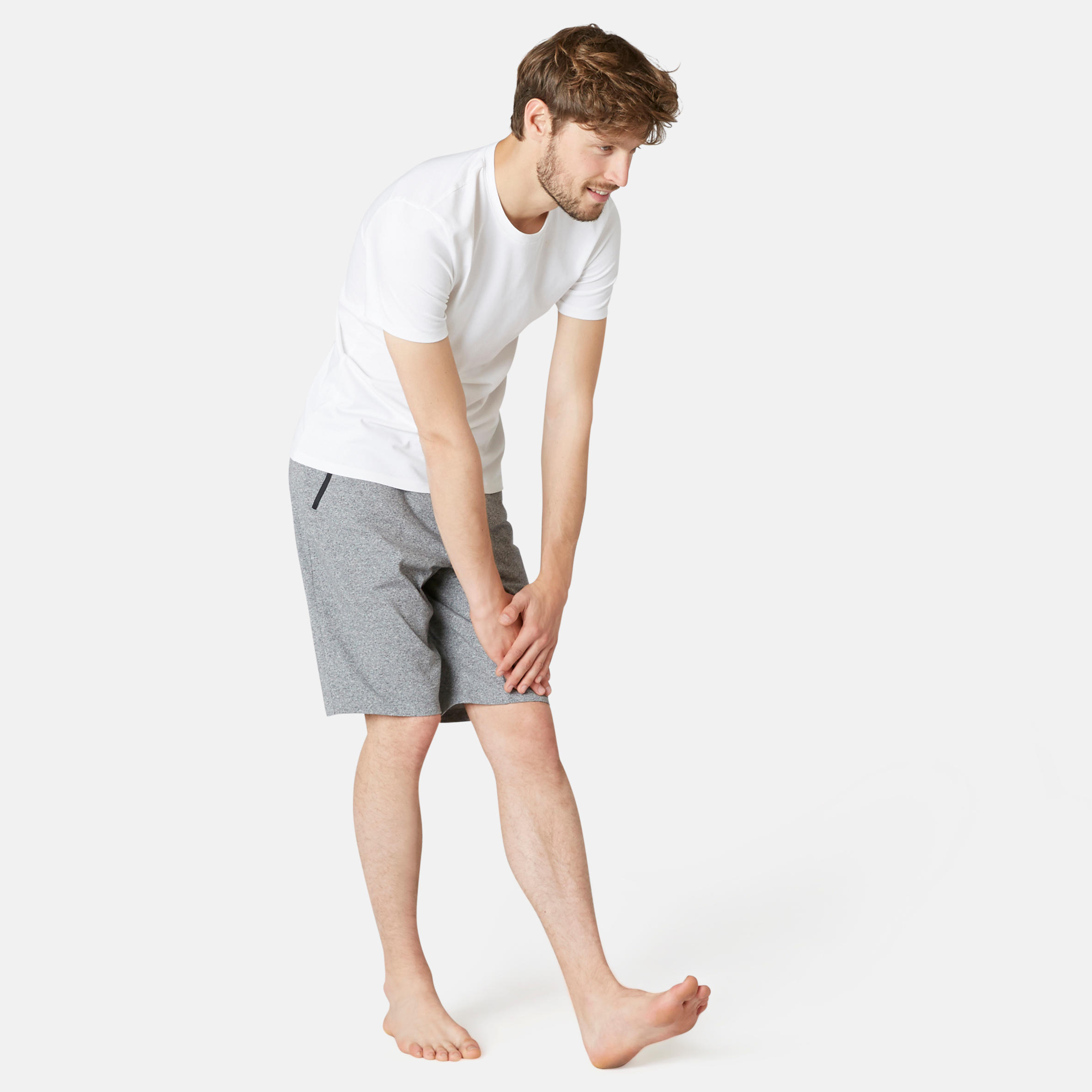 Long Slim-Fit Stretch Cotton Fitness Shorts with Zip Pockets - Grey 3/9