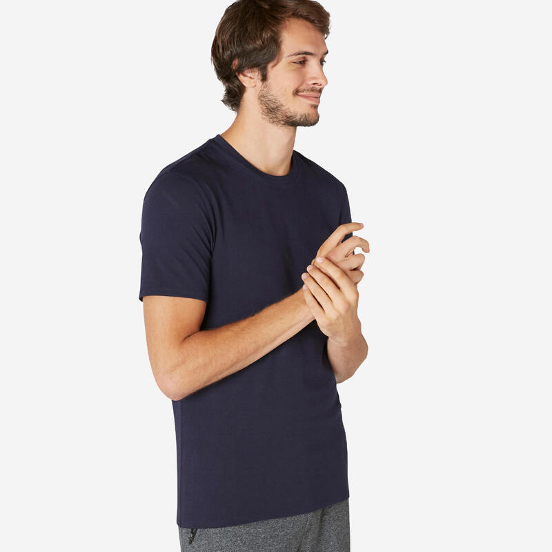 Camiseta fitness manga corta algodón extensible slim Hombre azul marino