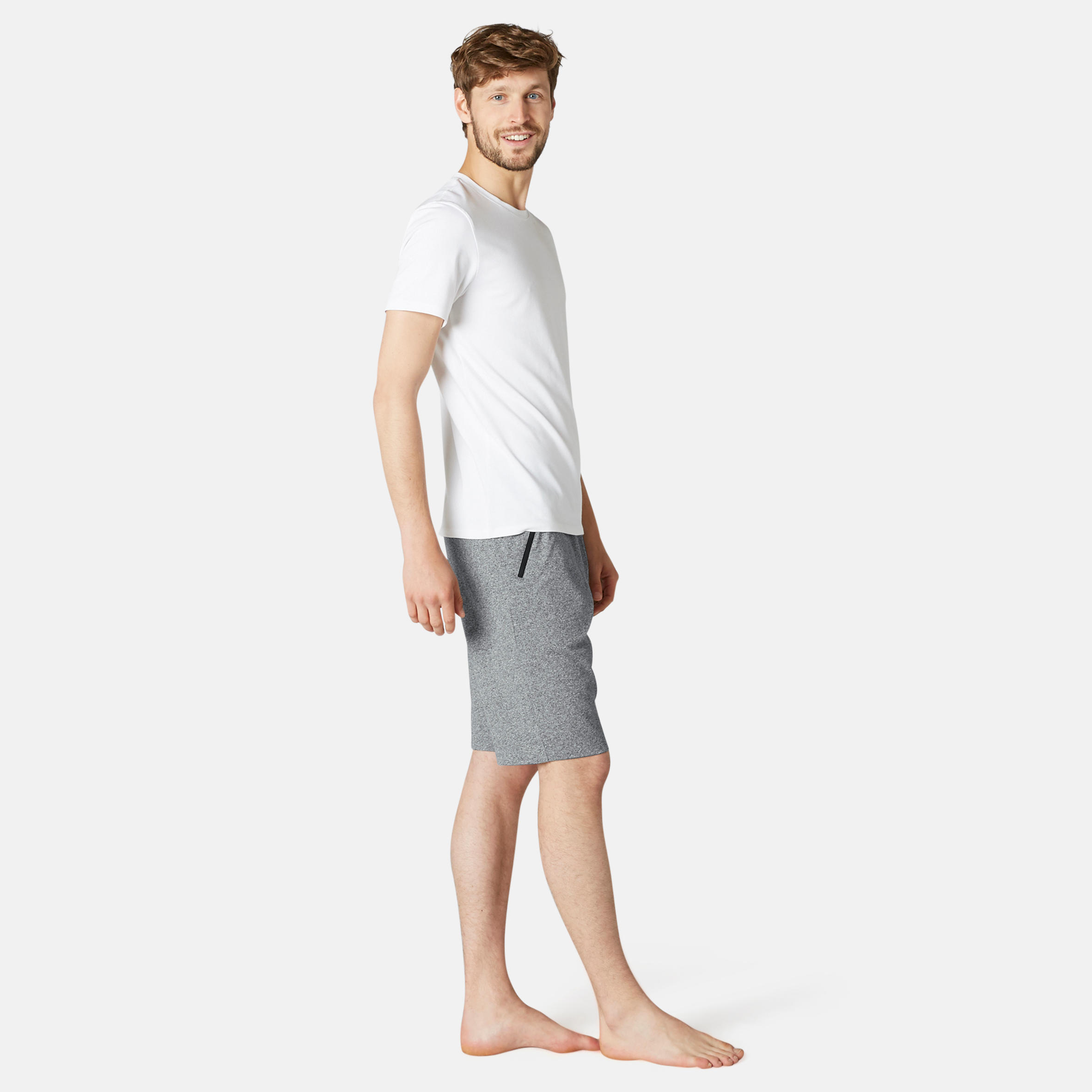 Long Slim-Fit Stretch Cotton Fitness Shorts with Zip Pockets - Grey 2/9