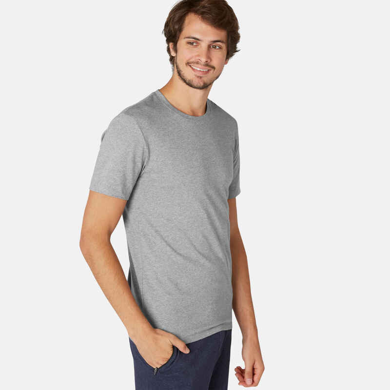 Men's Short-Sleeved Fitted-Cut Crew Neck Cotton Fitness T-Shirt 500 - Grey