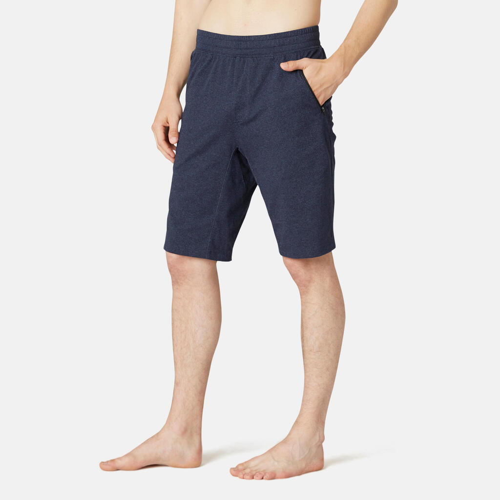 Long slim-fit stretch cotton fitness shorts with zip pockets - blue
