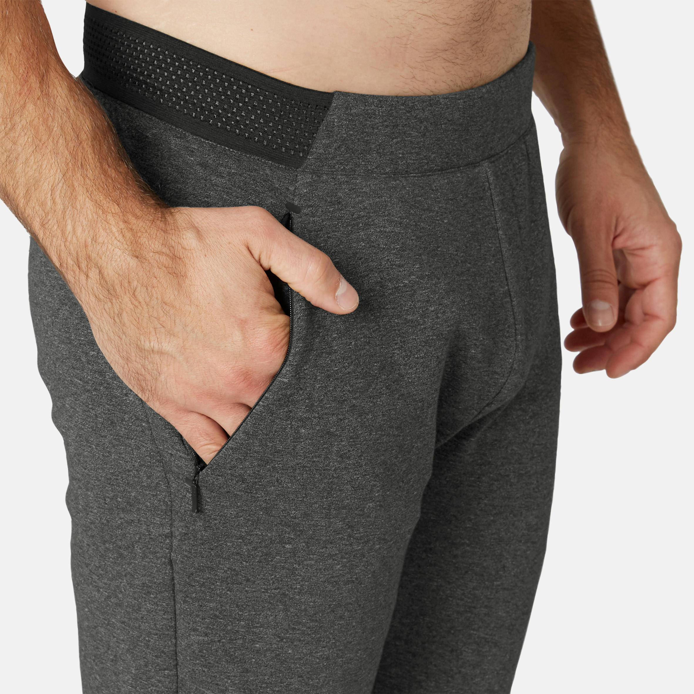 Men's Slim-Fit Fitness Jogging Bottoms 500 - Dark Mottled Grey 6/7