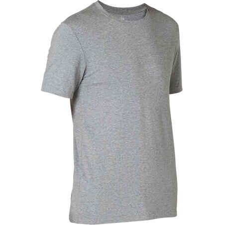 Men's Short-Sleeved Fitted-Cut Crew Neck Cotton Fitness T-Shirt 500 - Grey