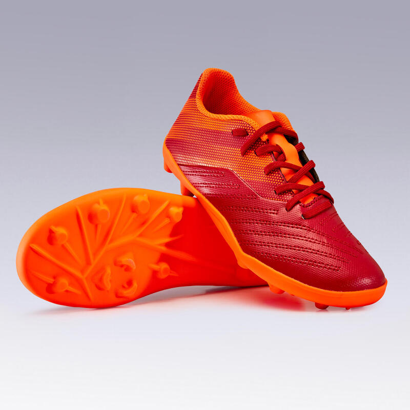 Chaussure de football enfant terrain sec AGILITY 140 FG Lacets Bordeaux Orange