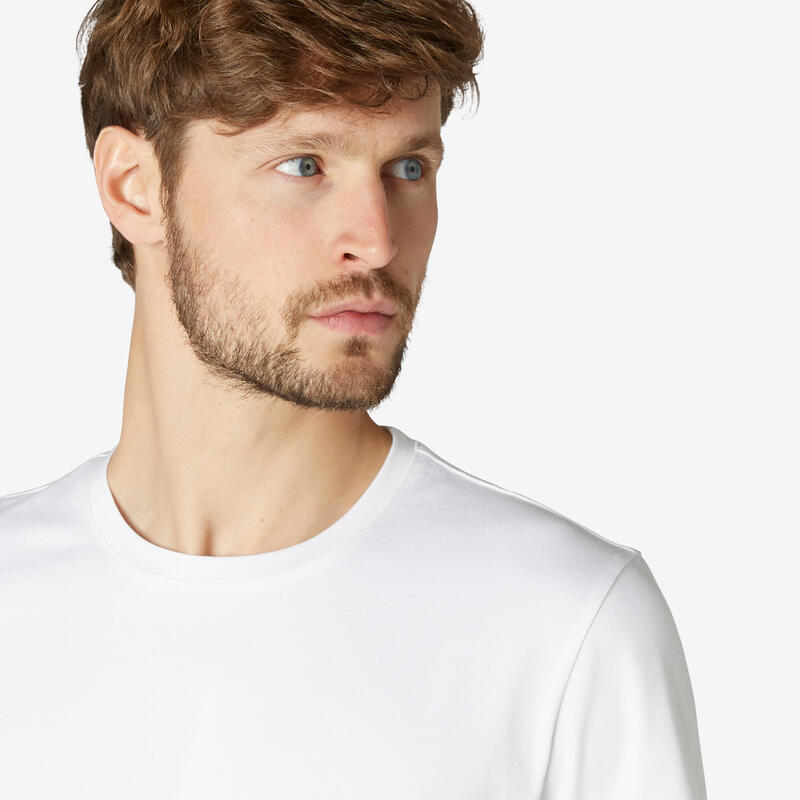 T-shirt fitness manches courtes droit col rond coton homme - 500 blanc glacier