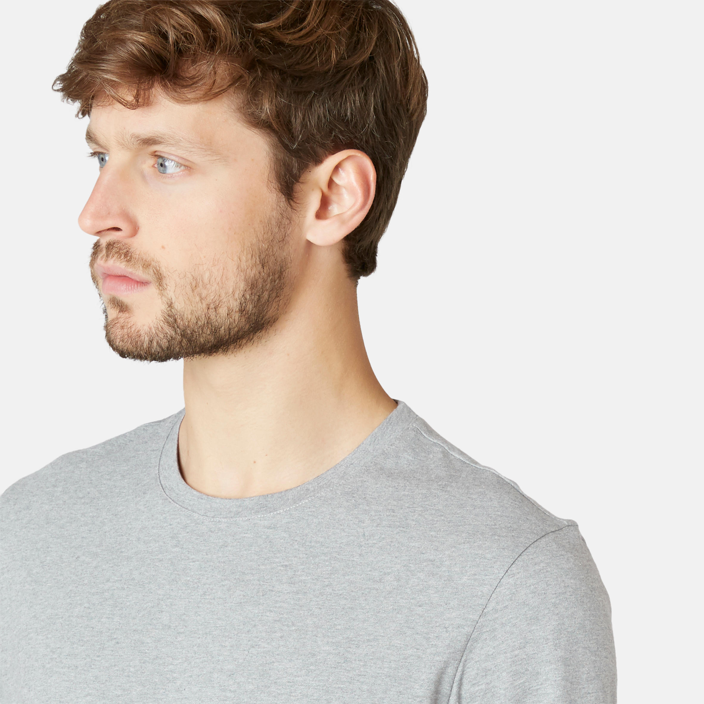 Men's Short-Sleeved Straight-Cut Crew Neck Cotton Fitness T-Shirt 500 Light Grey 19/21