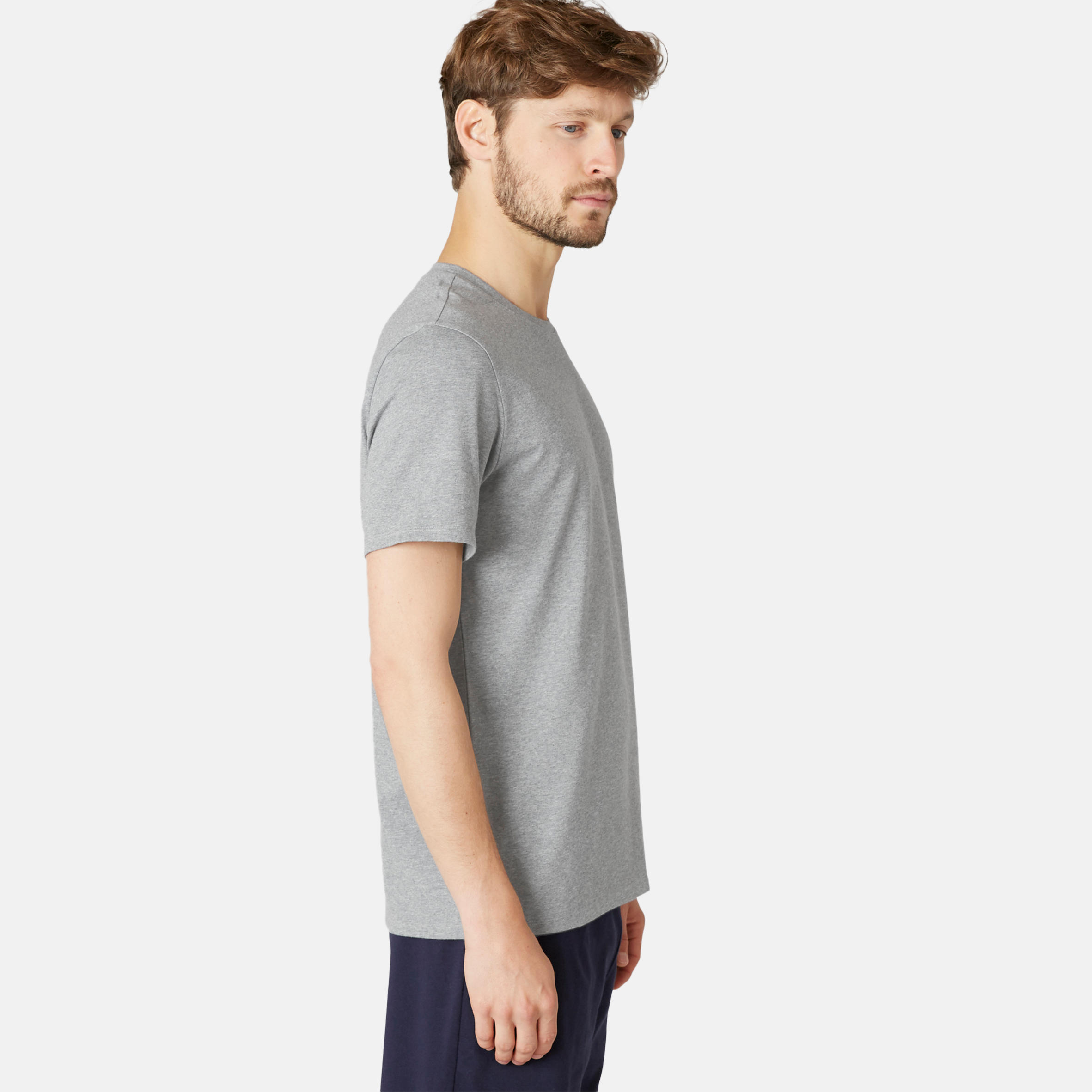 Men's Short-Sleeved Straight-Cut Crew Neck Cotton Fitness T-Shirt 500 Light Grey 18/21
