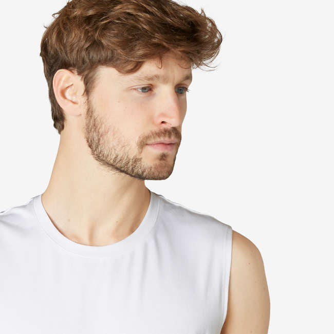 T-SHIRT 500 MANGA CAVA REGULAR DE GINÁSTICA E PILATES HOMEM BRANCO