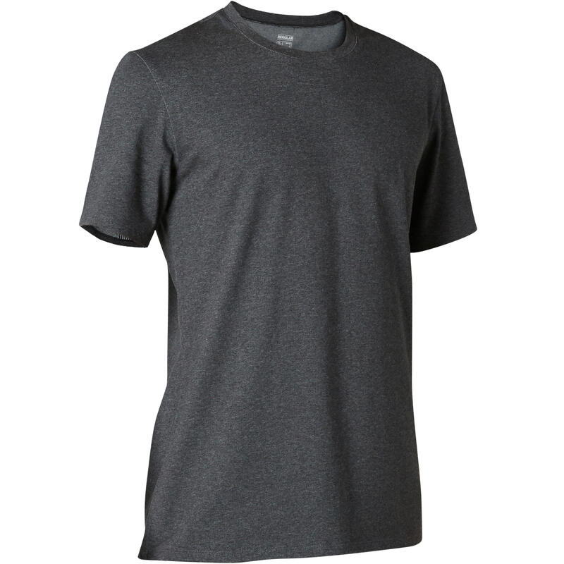 T-Shirt Corte Direito de Fitness Decote Redondo em Algodão Homem 500 Cinzento