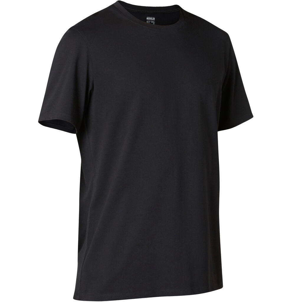 Men's Short-Sleeved Straight-Cut Crew Neck Cotton Fitness T-Shirt 500 Blue/Black