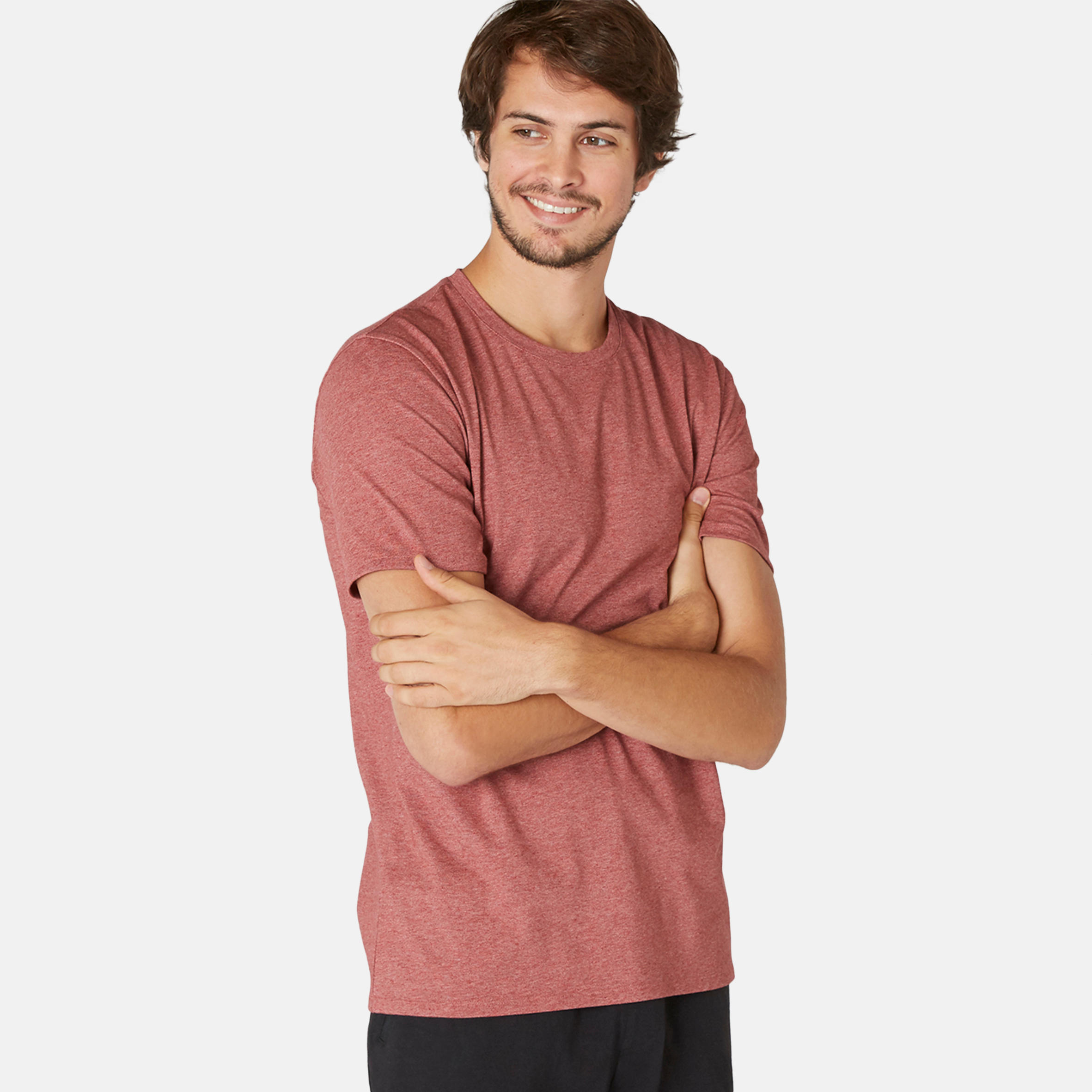500 Slim-Fit Gentle Gym \u0026 Pilates T-Shirt - White Print DOMYOS - Decathlon