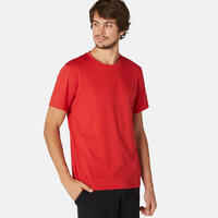 Men's Short-Sleeved Straight-Cut Crew Neck Cotton Fitness T-Shirt 500 - Red