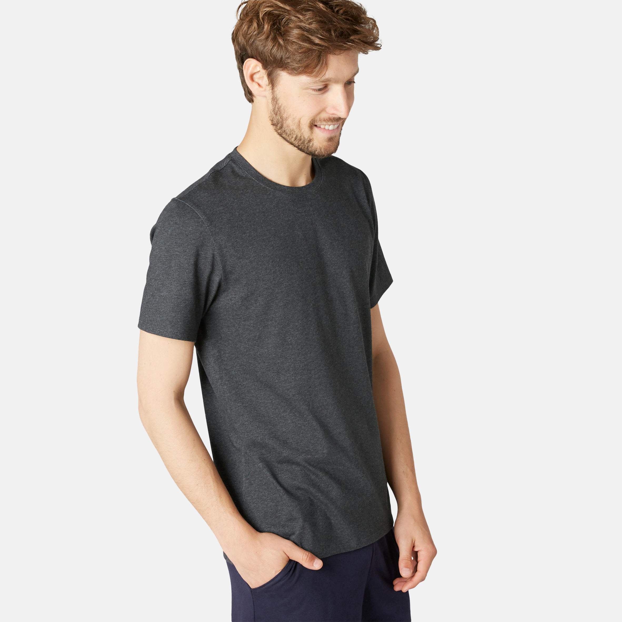 T-shirt fitness manches courtes coton extensible col rond homme gris foncé 14/21
