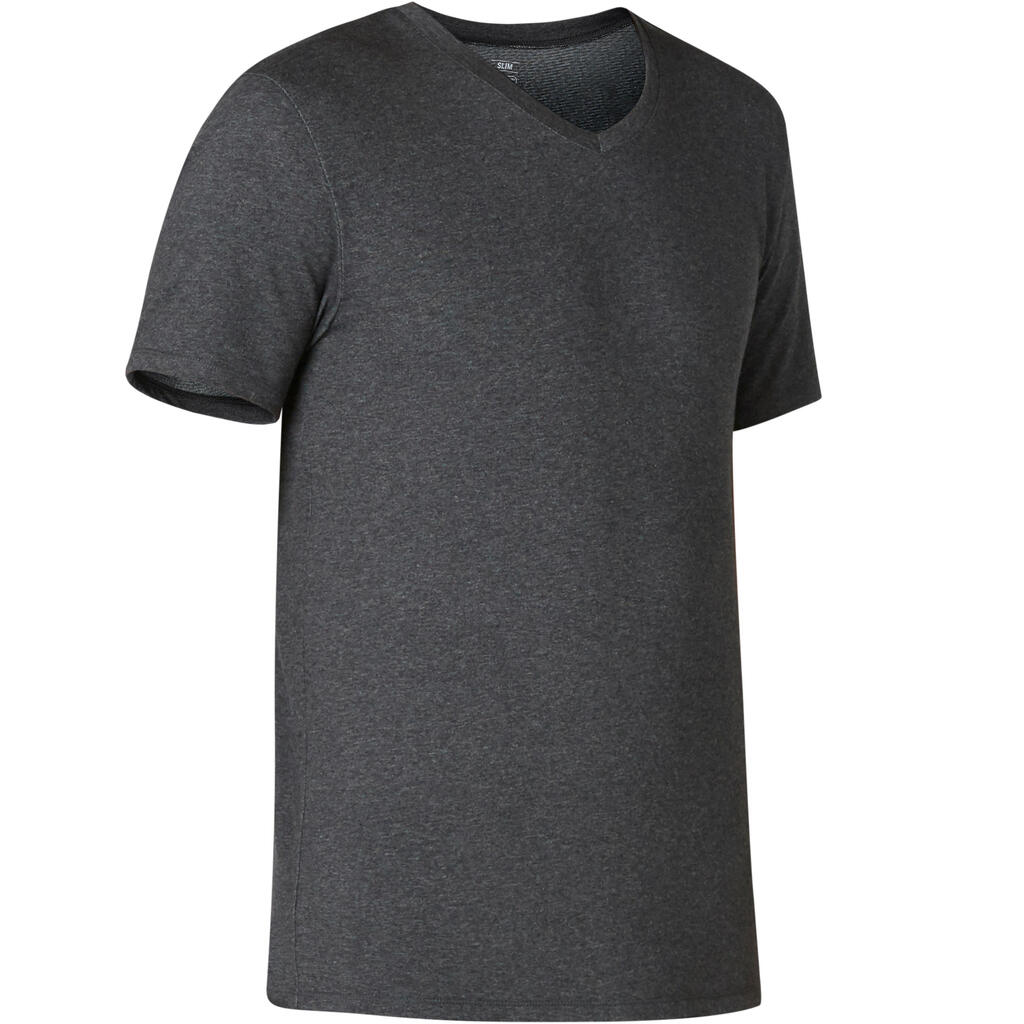 Men's Slim-Fit V-Neck Pilates & Gentle Gym Sport T-Shirt 500 - Light Grey