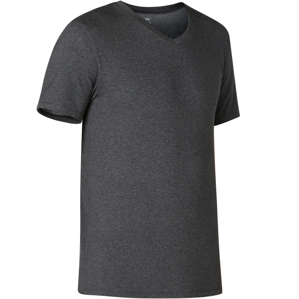 Pánske tričko 500 slim s výstrihom do V na cvičenie a pilates sivé 