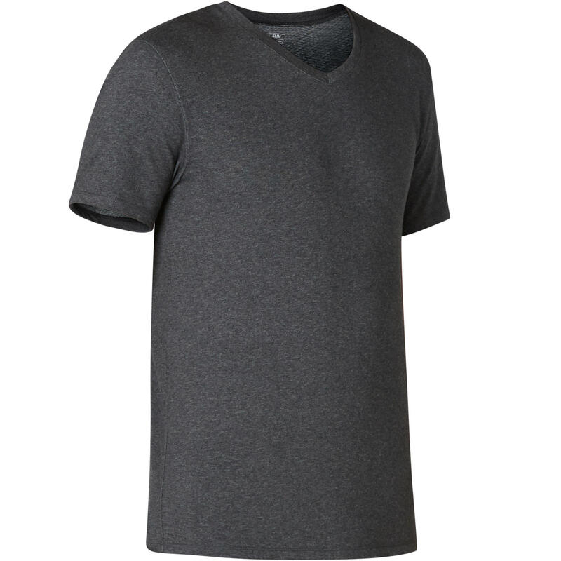 Men's Slim-Fit V-Neck Pilates & Gentle Gym Sport T-Shirt 500 - Light Grey  NYAMBA - Decathlon