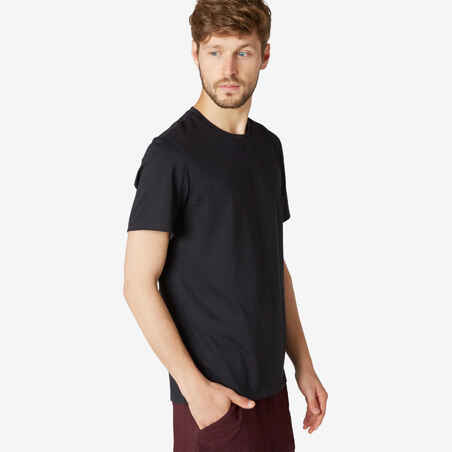 Men's Short-Sleeved Straight-Cut Crew Neck Cotton Fitness T-Shirt 500 - Black