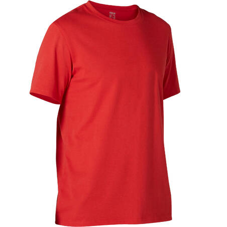 Men's Short-Sleeved Straight-Cut Crew Neck Cotton Fitness T-Shirt 500 Garnet Red