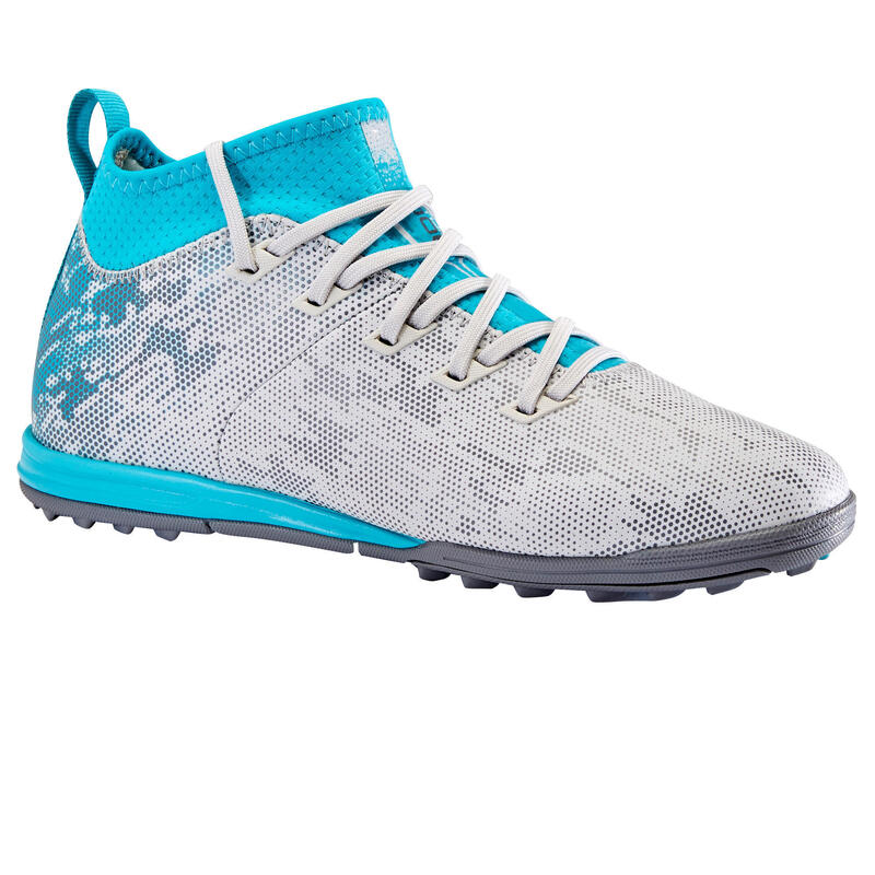 Chaussure de football enfant terrains durs Agility 900 TURF T grise et turquoise